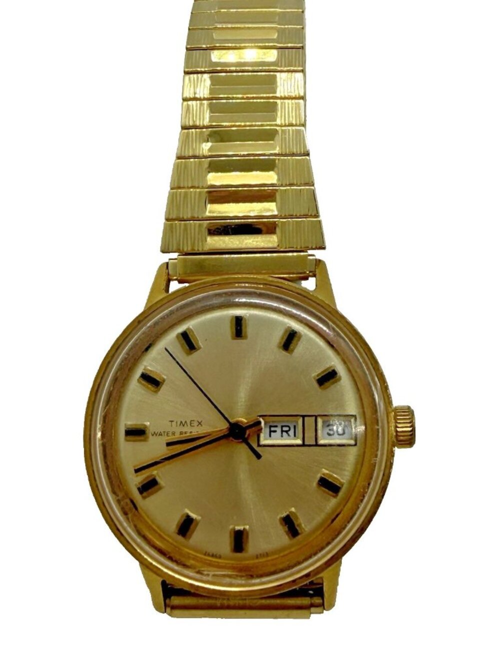 Vtg 70s Original Timex Marlin Day & Date Mechanical Wind Watch Gold Tone Stretch